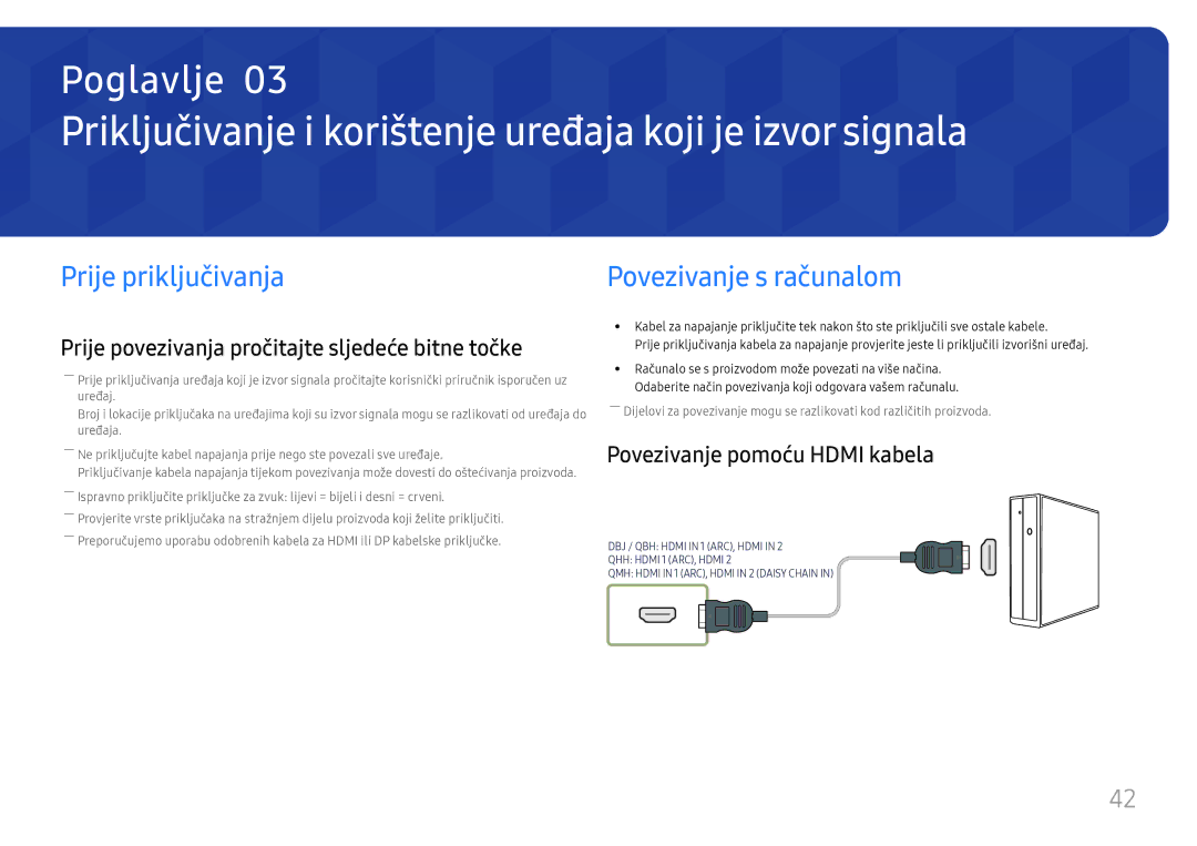 Samsung LH65QBHPLGC/EN, LH65QMHPLGC/EN Priključivanje i korištenje uređaja koji je izvor signala, Prije priključivanja 