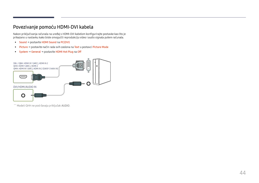 Samsung LH65QBHPLGC/EN, LH65QMHPLGC/EN manual Povezivanje pomoću HDMI-DVI kabela, Sound → postavite Hdmi Sound na Pcdvi 