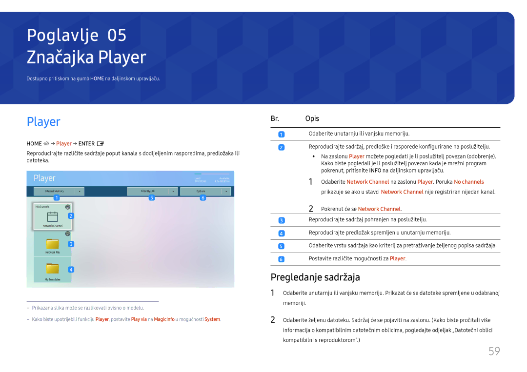 Samsung LH65QMHPLGC/EN, LH65QBHPLGC/EN manual Značajka Player, Pregledanje sadržaja, Br. Opis, Home → Player → Enter E 