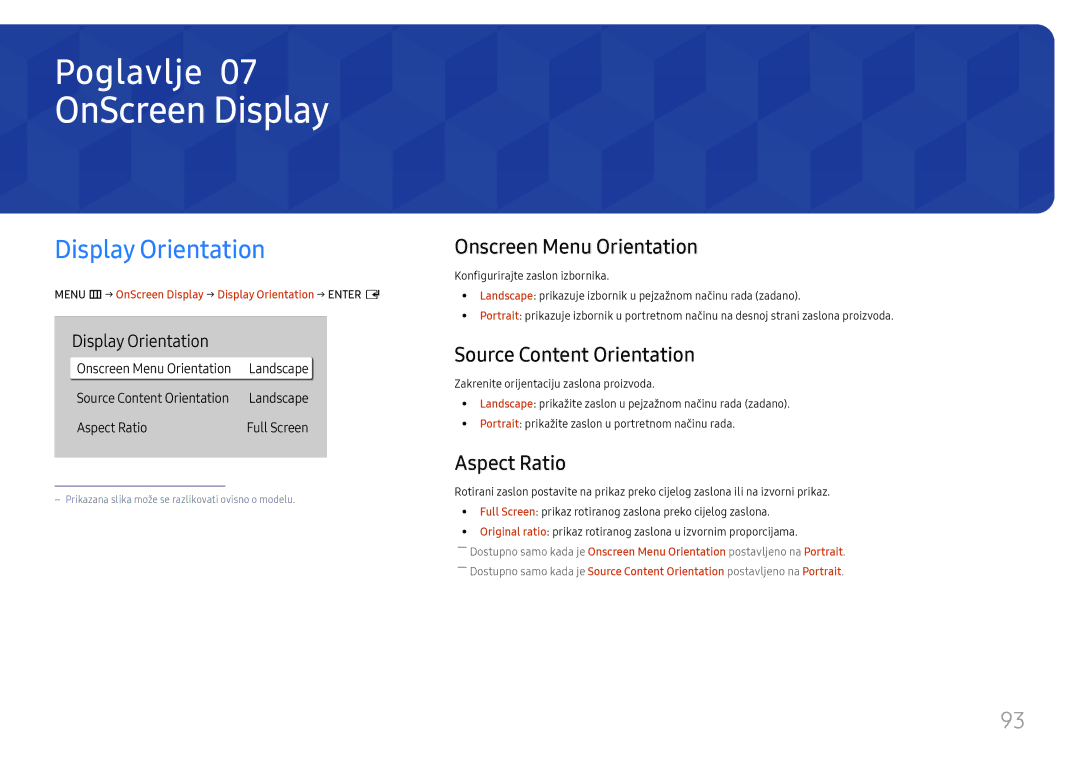 Samsung LH65QMHPLGC/EN manual OnScreen Display, Display Orientation, Onscreen Menu Orientation, Source Content Orientation 