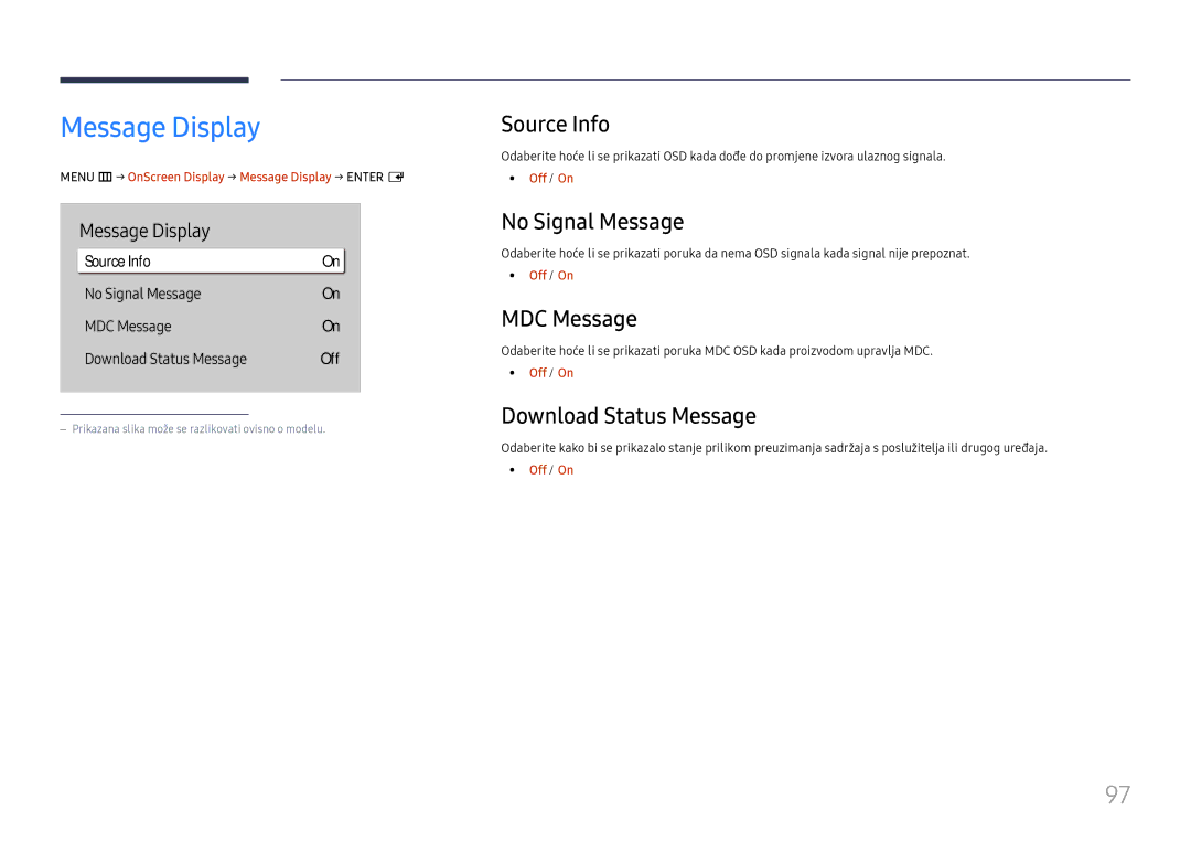 Samsung LH65QMHPLGC/EN manual Message Display, Source Info, No Signal Message, MDC Message, Download Status Message 