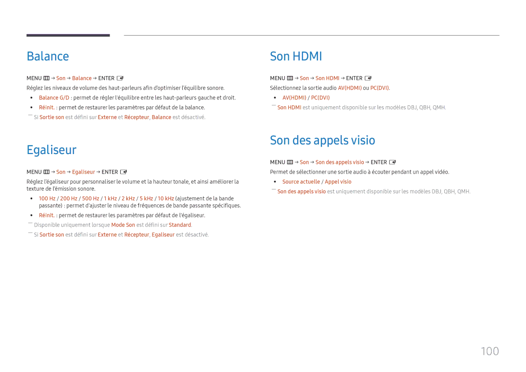 Samsung LH75QBHPLGC/EN, LH65QBHPLGC/EN, LH49DBJPLGC/EN manual Balance, Egaliseur, Son Hdmi, Son des appels visio, 100 