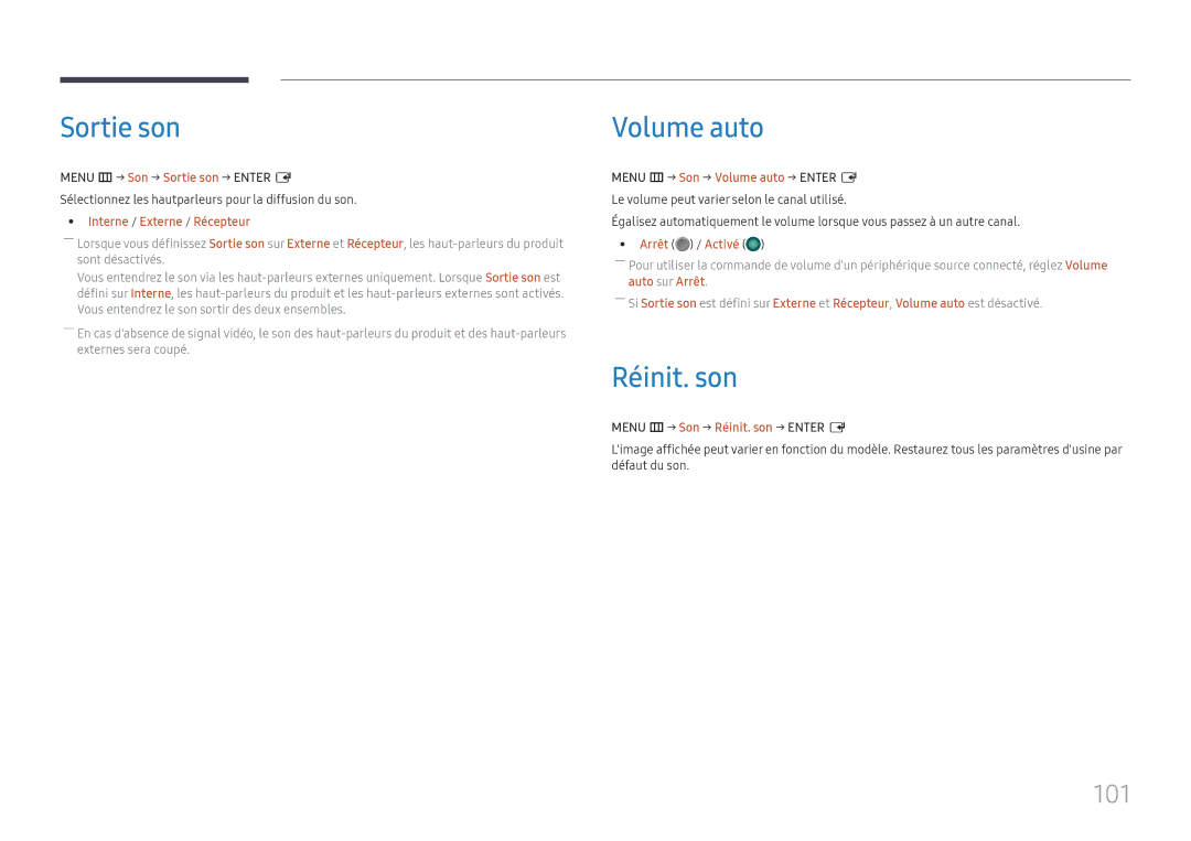 Samsung LH49DBJPLGC/EN, LH65QBHPLGC/EN, LH75QBHPLGC/EN, LH43DBJPLGC/EN manual Sortie son, Volume auto, Réinit. son, 101 