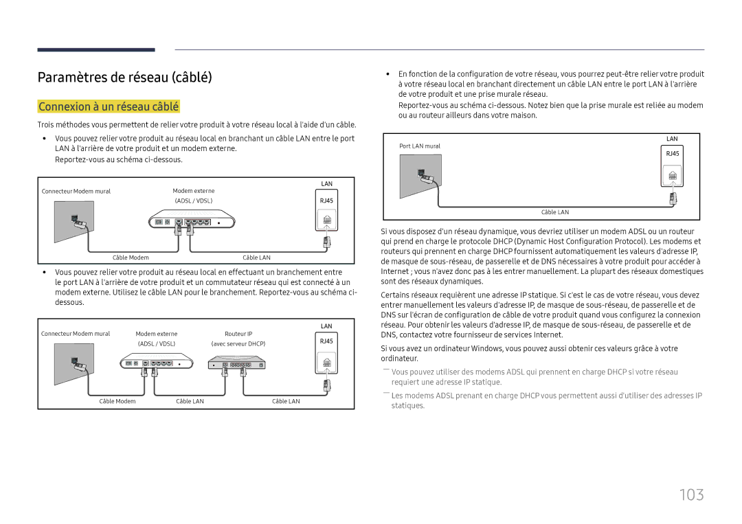 Samsung LH65QMHPLGC/EN, LH65QBHPLGC/EN, LH75QBHPLGC/EN manual 103, Paramètres de réseau câblé, Connexion à un réseau câblé 