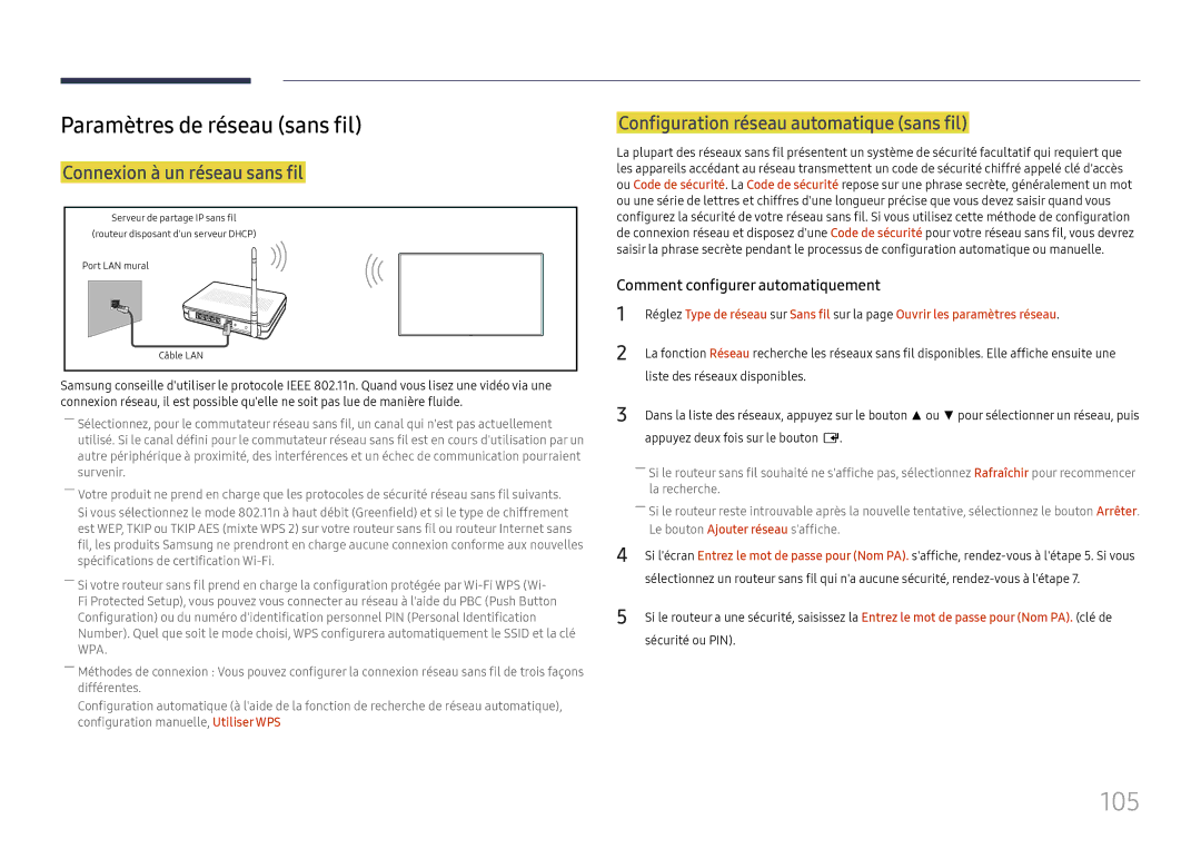 Samsung LH55QMHPLGC/EN, LH65QBHPLGC/EN, LH75QBHPLGC/EN 105, Paramètres de réseau sans fil, Connexion à un réseau sans fil 