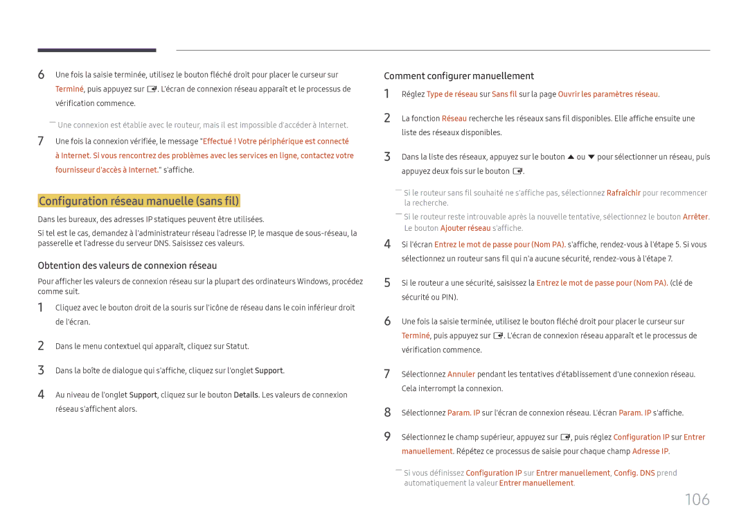 Samsung LH55QHHPLGC/EN, LH65QBHPLGC/EN, LH75QBHPLGC/EN, LH49DBJPLGC/EN manual 106, Configuration réseau manuelle sans fil 
