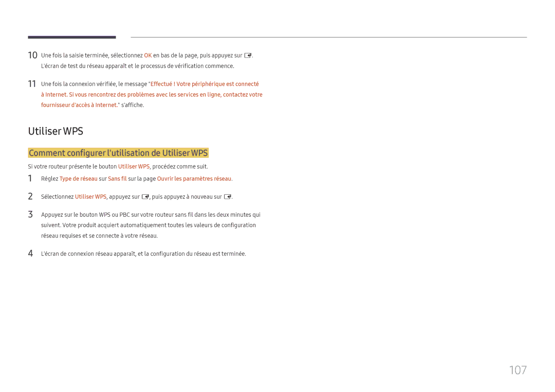 Samsung LH49QMHPLGC/EN, LH65QBHPLGC/EN, LH75QBHPLGC/EN manual 107, Comment configurer lutilisation de Utiliser WPS 