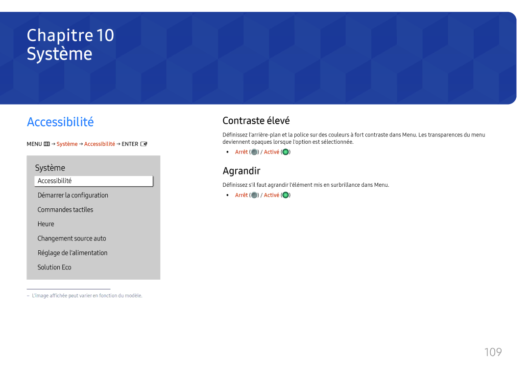 Samsung LH75QBHPLGC/EN, LH65QBHPLGC/EN, LH49DBJPLGC/EN manual Système, Accessibilité, 109, Contraste élevé, Agrandir 