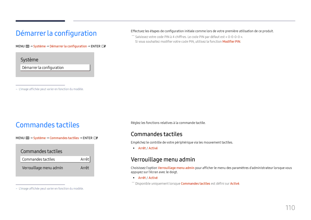 Samsung LH49DBJPLGC/EN, LH65QBHPLGC/EN manual Démarrer la configuration, Commandes tactiles, 110, Verrouillage menu admin 