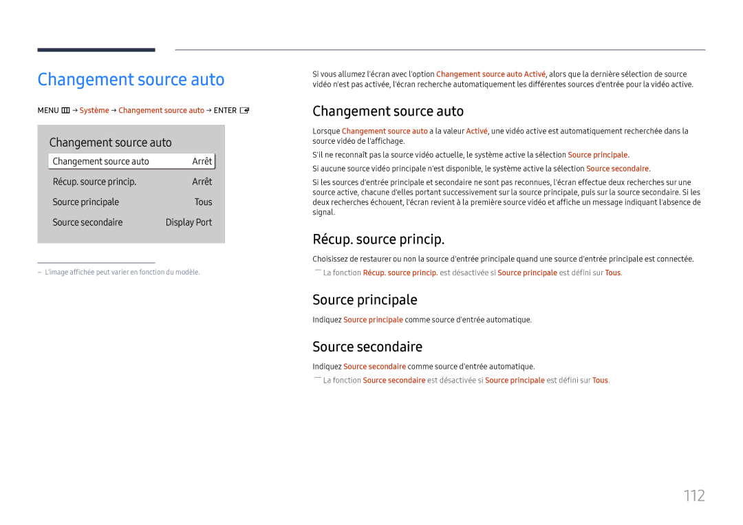 Samsung LH65QMHPLGC/EN, LH65QBHPLGC/EN, LH75QBHPLGC/EN, LH49DBJPLGC/EN, LH43DBJPLGC/EN manual Changement source auto, 112 