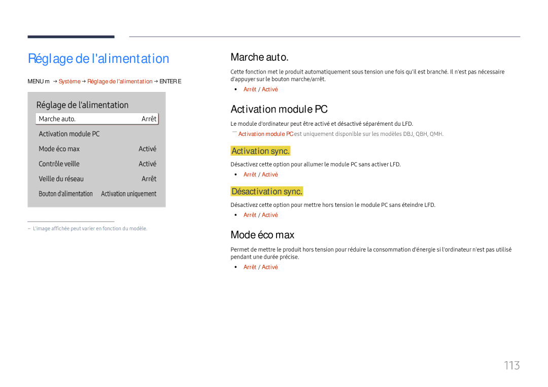 Samsung LH65QHHPLGC/EN, LH65QBHPLGC/EN manual Réglage de lalimentation, 113, Marche auto, Activation module PC, Mode éco max 