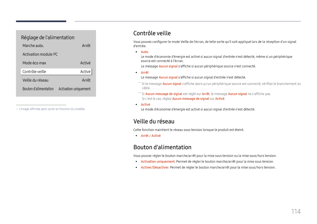 Samsung LH55QMHPLGC/EN, LH65QBHPLGC/EN, LH75QBHPLGC/EN 114, Contrôle veille, Veille du réseau, Bouton dalimentation, Auto 