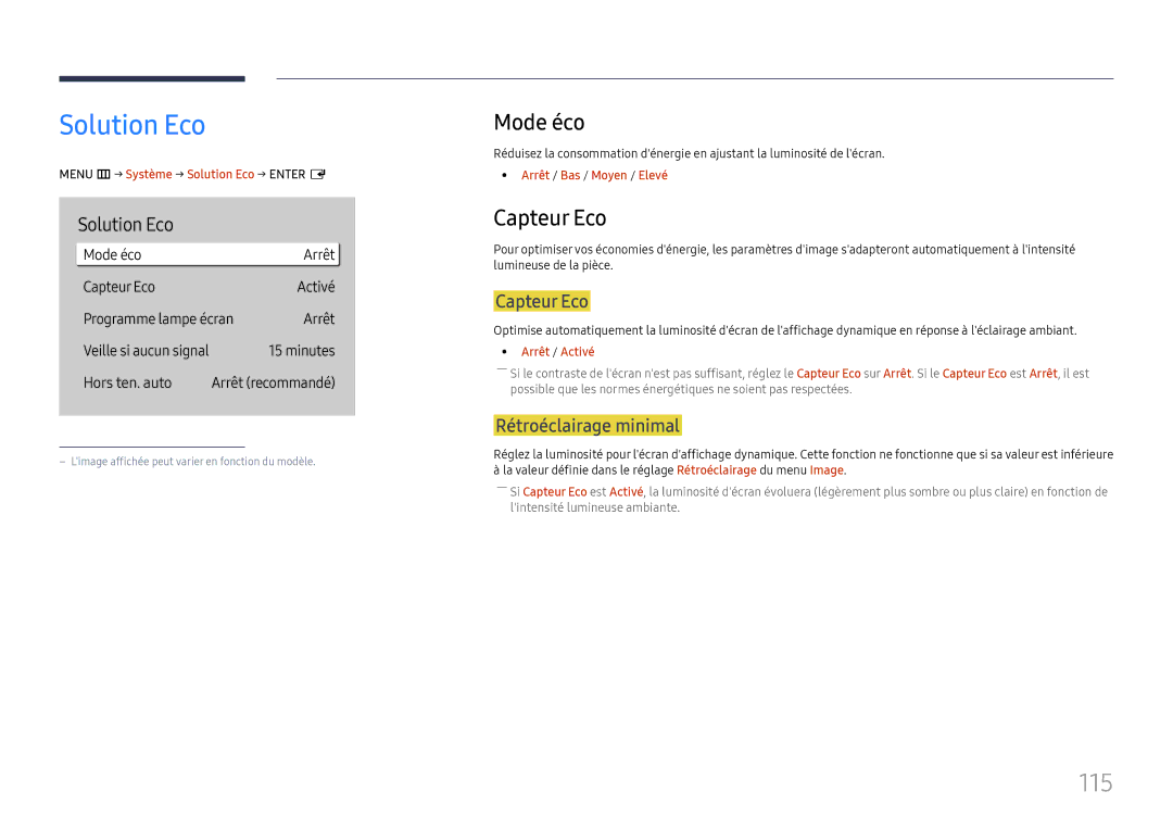 Samsung LH55QHHPLGC/EN, LH65QBHPLGC/EN, LH75QBHPLGC/EN, LH49DBJPLGC/EN manual Solution Eco, 115, Mode éco, Capteur Eco 