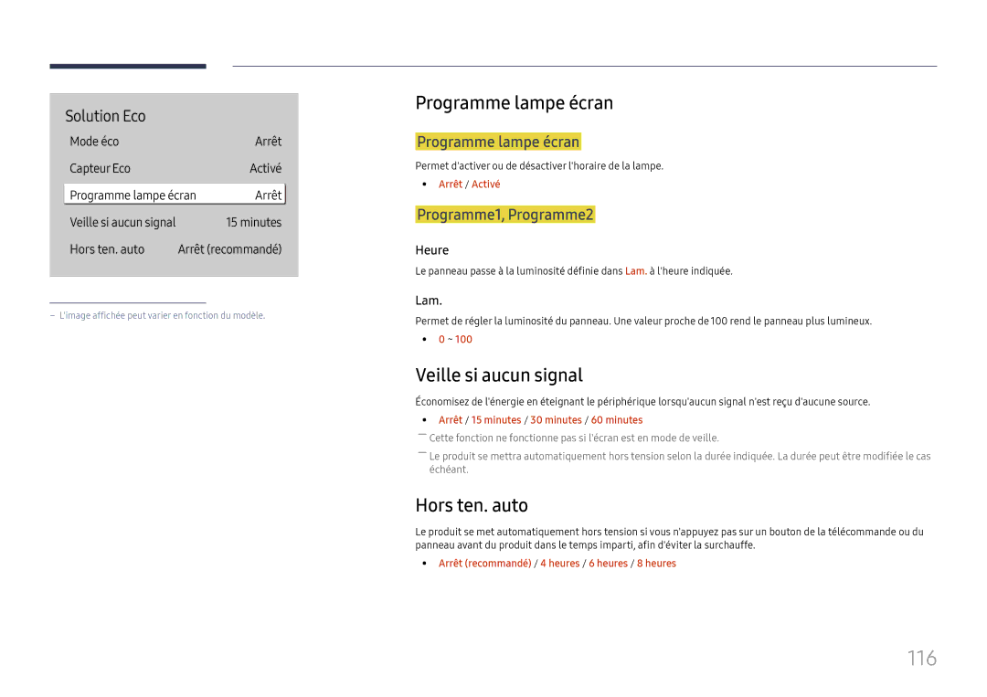 Samsung LH49QMHPLGC/EN, LH65QBHPLGC/EN, LH75QBHPLGC/EN 116, Programme lampe écran, Veille si aucun signal, Hors ten. auto 