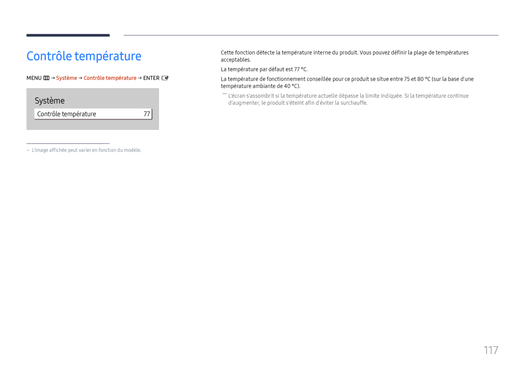 Samsung LH65QBHPLGC/EN, LH75QBHPLGC/EN, LH49DBJPLGC/EN manual 117, Menu m→ Système → Contrôle température → Enter E 
