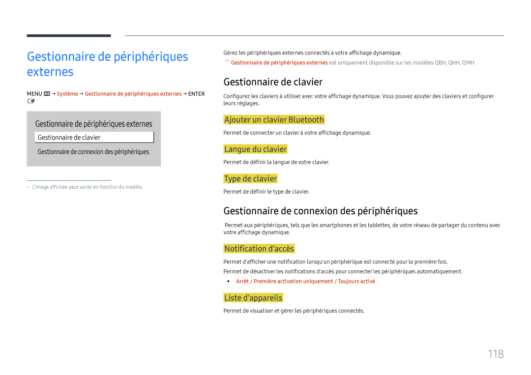Samsung LH75QBHPLGC/EN, LH65QBHPLGC/EN, LH49DBJPLGC/EN Gestionnaire de périphériques externes, 118, Gestionnaire de clavier 