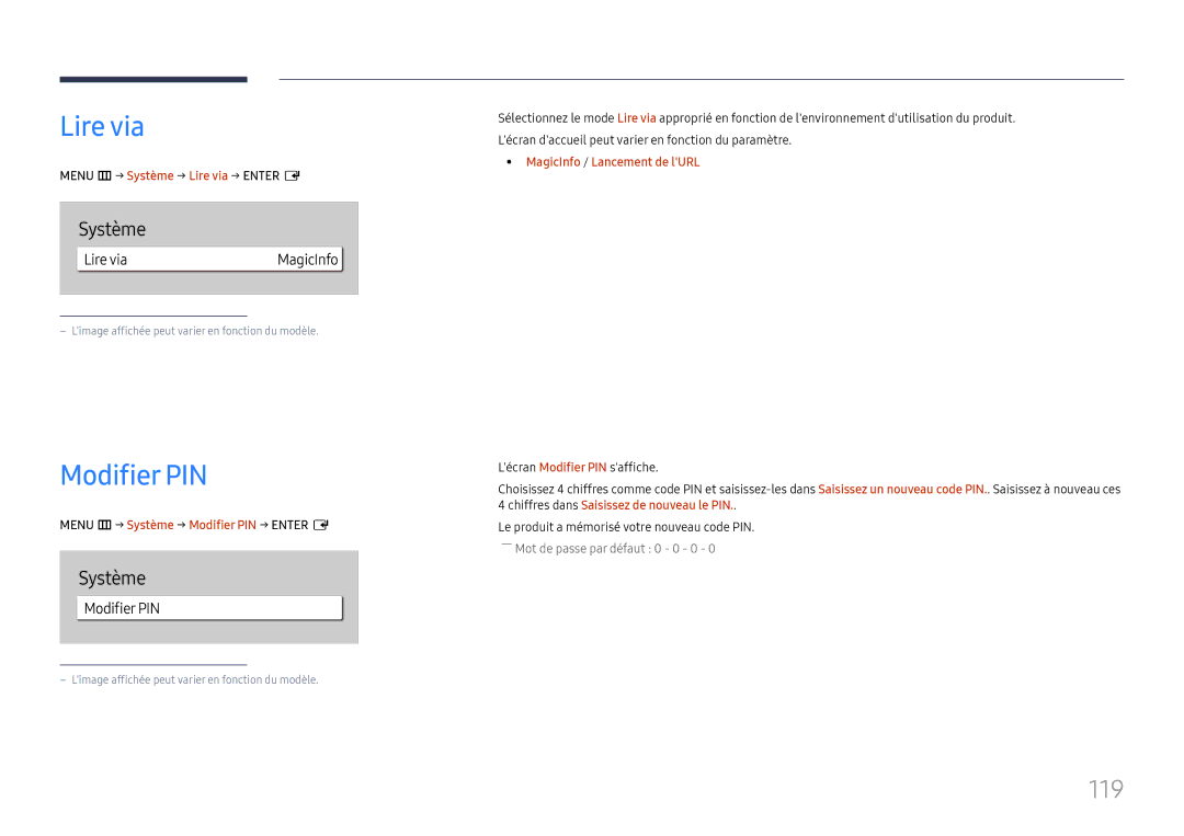 Samsung LH49DBJPLGC/EN, LH65QBHPLGC/EN, LH75QBHPLGC/EN, LH43DBJPLGC/EN, LH65QMHPLGC/EN manual Lire via, Modifier PIN, 119 