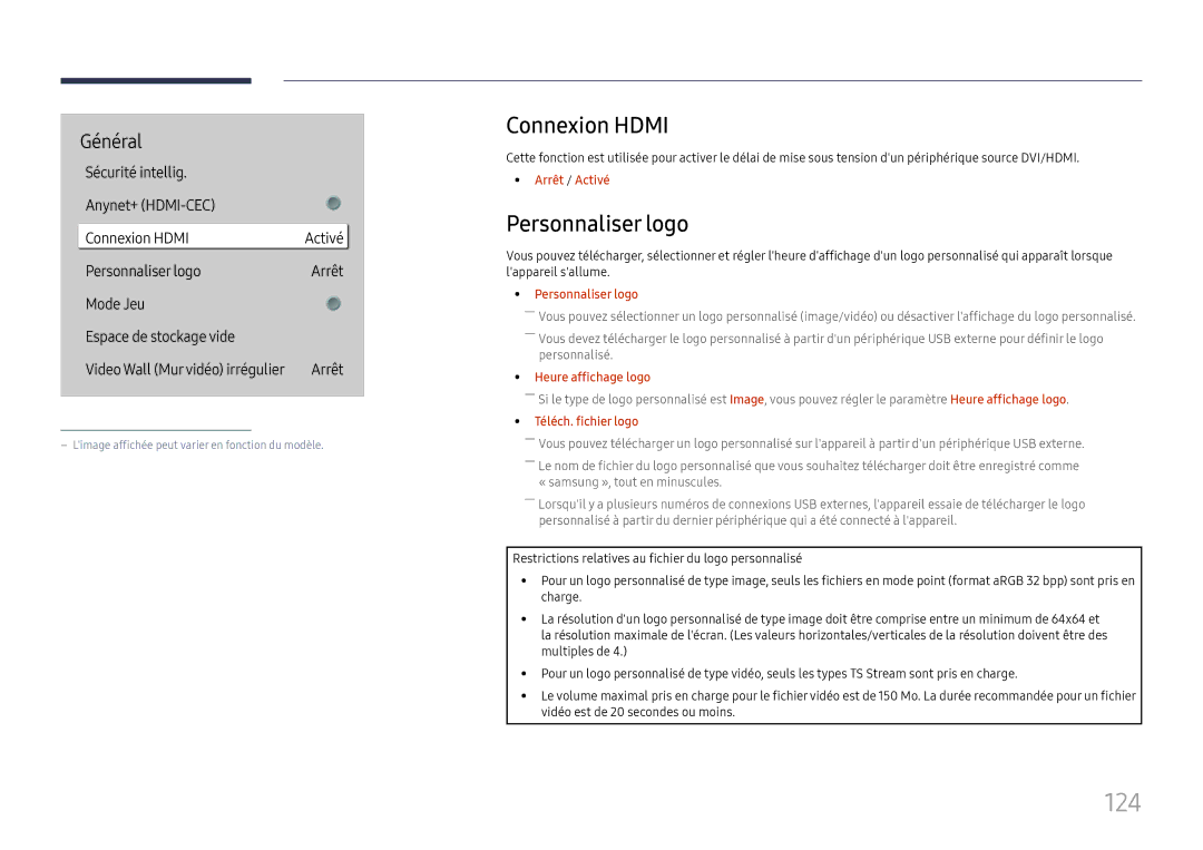 Samsung LH55QHHPLGC/EN, LH65QBHPLGC/EN, LH75QBHPLGC/EN, LH49DBJPLGC/EN manual 124, Connexion Hdmi, Personnaliser logo 