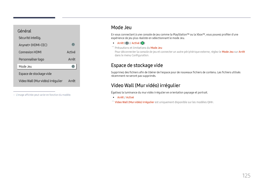 Samsung LH49QMHPLGC/EN, LH65QBHPLGC/EN manual 125, Mode Jeu, Espace de stockage vide, Video Wall Mur vidéo irrégulier 