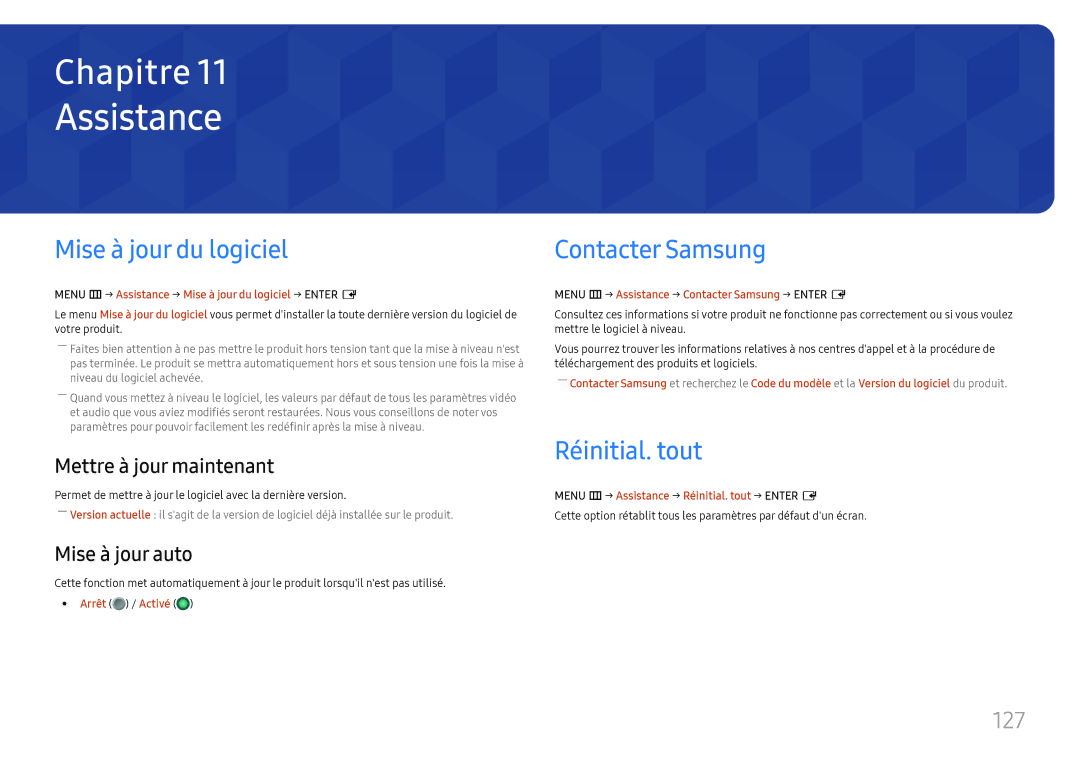 Samsung LH75QBHPLGC/EN, LH65QBHPLGC/EN manual Assistance, Mise à jour du logiciel, Contacter Samsung, Réinitial. tout, 127 