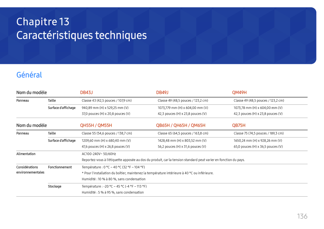 Samsung LH75QBHPLGC/EN, LH65QBHPLGC/EN, LH49DBJPLGC/EN, LH43DBJPLGC/EN, LH65QMHPLGC/EN manual Caractéristiques techniques, 136 