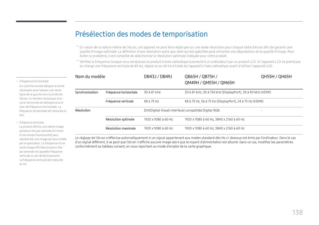 Samsung LH43DBJPLGC/EN, LH65QBHPLGC/EN, LH75QBHPLGC/EN, LH49DBJPLGC/EN manual Présélection des modes de temporisation, 138 