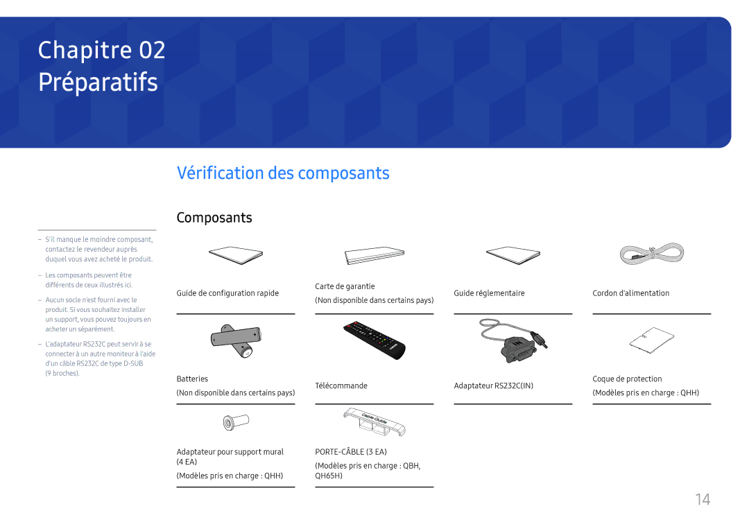 Samsung LH65QHHPLGC/EN, LH65QBHPLGC/EN, LH75QBHPLGC/EN, LH49DBJPLGC/EN Préparatifs, Vérification des composants, Composants 