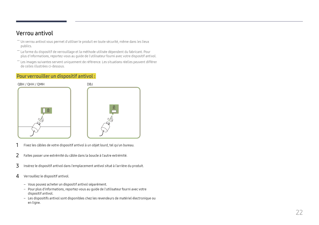 Samsung LH65QMHPLGC/EN, LH65QBHPLGC/EN, LH75QBHPLGC/EN manual Verrou antivol, Pour verrouiller un dispositif antivol 