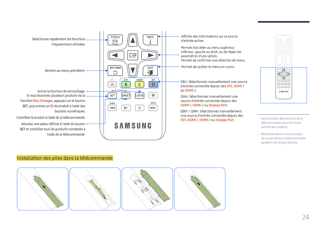 Samsung LH55QMHPLGC/EN manual Installation des piles dans la télécommande, Fréquemment utilisées, Revient au menu précédent 