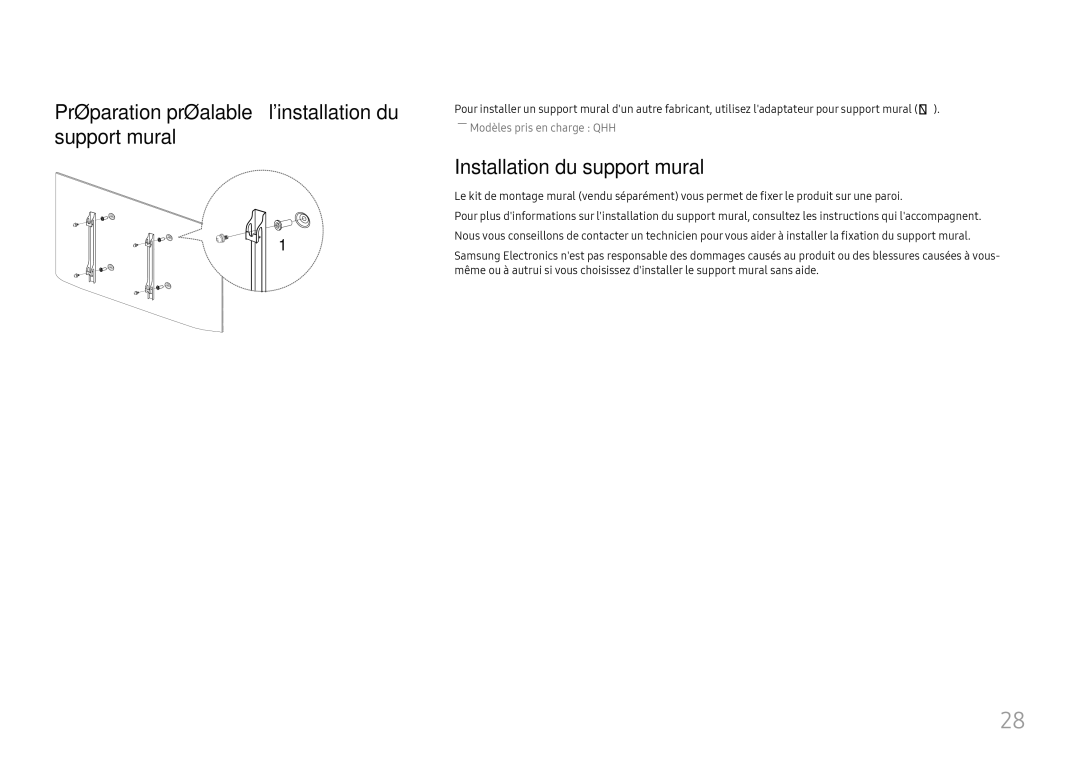 Samsung LH75QBHPLGC/EN manual Préparation préalable à linstallation du support mural, Installation du support mural 