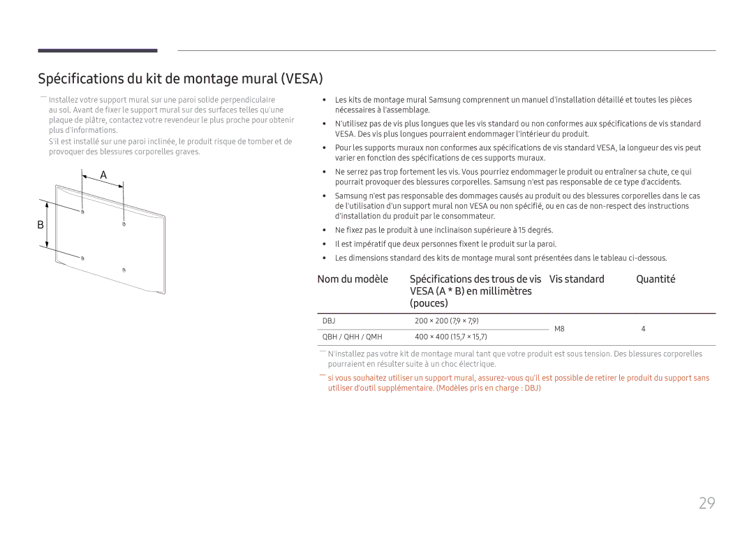 Samsung LH49DBJPLGC/EN, LH65QBHPLGC/EN manual Spécifications du kit de montage mural Vesa, Vesa a * B en millimètres Pouces 