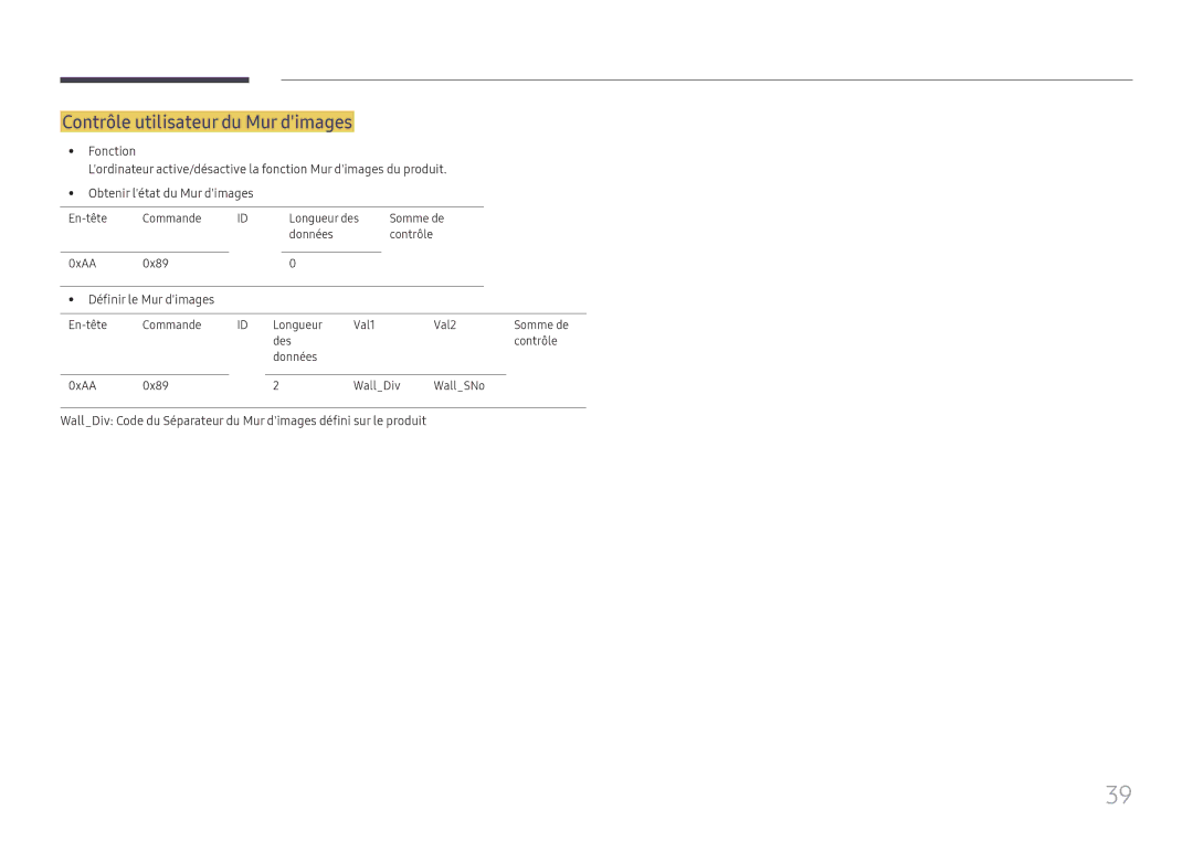 Samsung LH43DBJPLGC/EN, LH65QBHPLGC/EN, LH75QBHPLGC/EN manual Contrôle utilisateur du Mur dimages, Définir le Mur dimages 