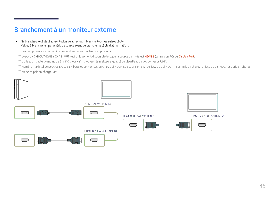 Samsung LH65QBHPLGC/EN, LH75QBHPLGC/EN, LH49DBJPLGC/EN, LH43DBJPLGC/EN, LH65QMHPLGC/EN manual Branchement à un moniteur externe 