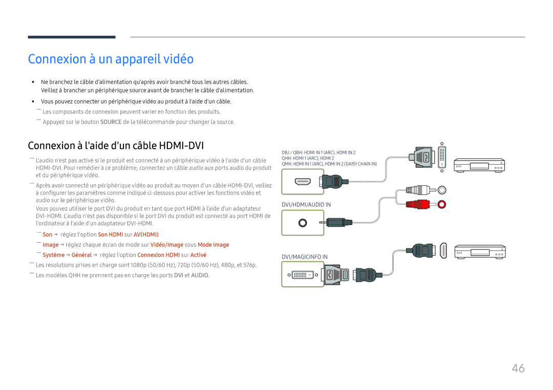 Samsung LH75QBHPLGC/EN, LH65QBHPLGC/EN, LH49DBJPLGC/EN, LH43DBJPLGC/EN, LH65QMHPLGC/EN manual Connexion à un appareil vidéo 