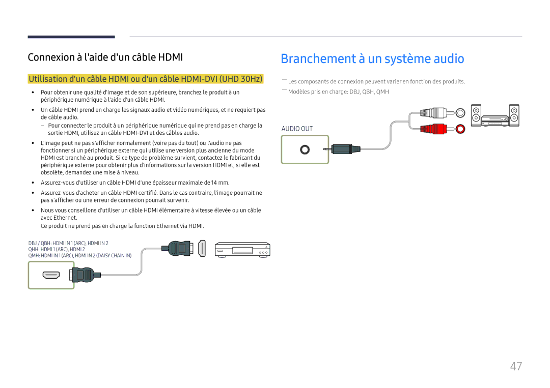 Samsung LH49DBJPLGC/EN manual Branchement à un système audio, Utilisation dun câble Hdmi ou dun câble HDMI-DVI UHD 30Hz 