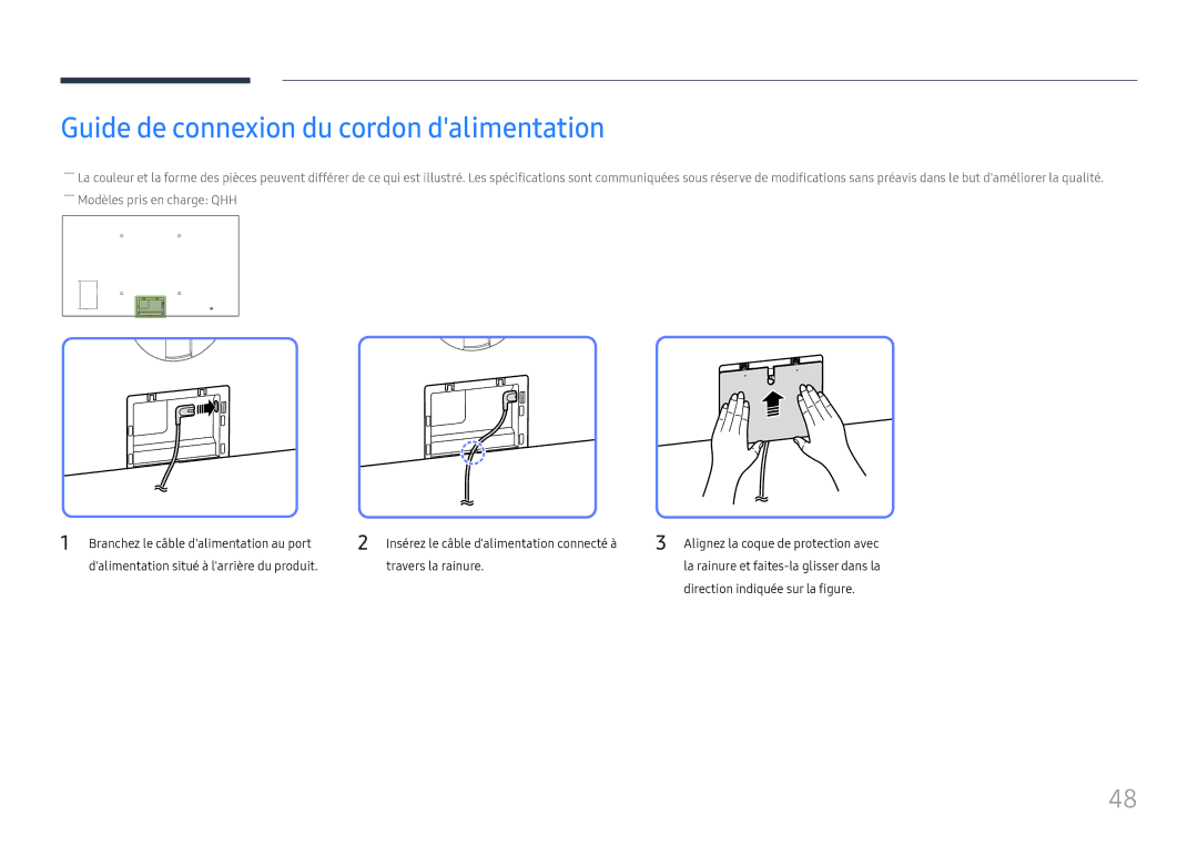 Samsung LH43DBJPLGC/EN, LH65QBHPLGC/EN manual Guide de connexion du cordon dalimentation, Direction indiquée sur la figure 