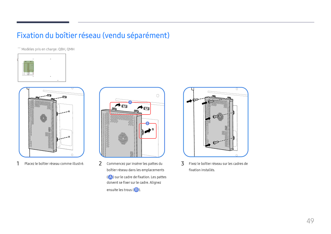 Samsung LH65QMHPLGC/EN, LH65QBHPLGC/EN, LH75QBHPLGC/EN Fixation du boîtier réseau vendu séparément, Ensuite les trous B 