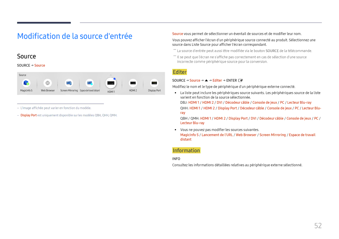 Samsung LH55QHHPLGC/EN, LH65QBHPLGC/EN, LH75QBHPLGC/EN manual Modification de la source dentrée, Source, Editer, Information 