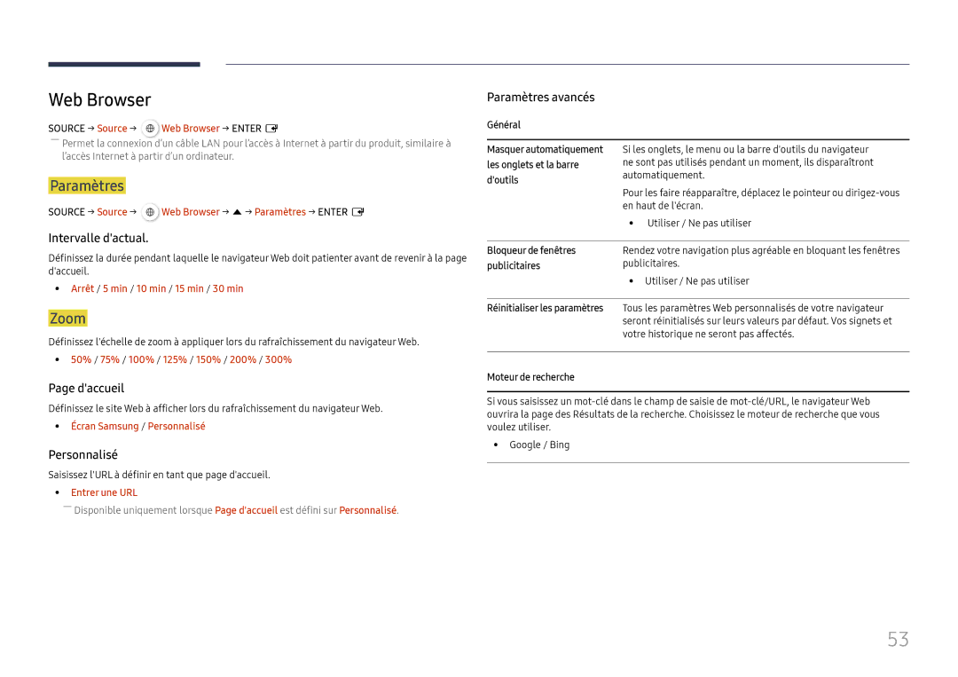 Samsung LH49QMHPLGC/EN, LH65QBHPLGC/EN, LH75QBHPLGC/EN, LH49DBJPLGC/EN, LH43DBJPLGC/EN manual Web Browser, Paramètres, Zoom 