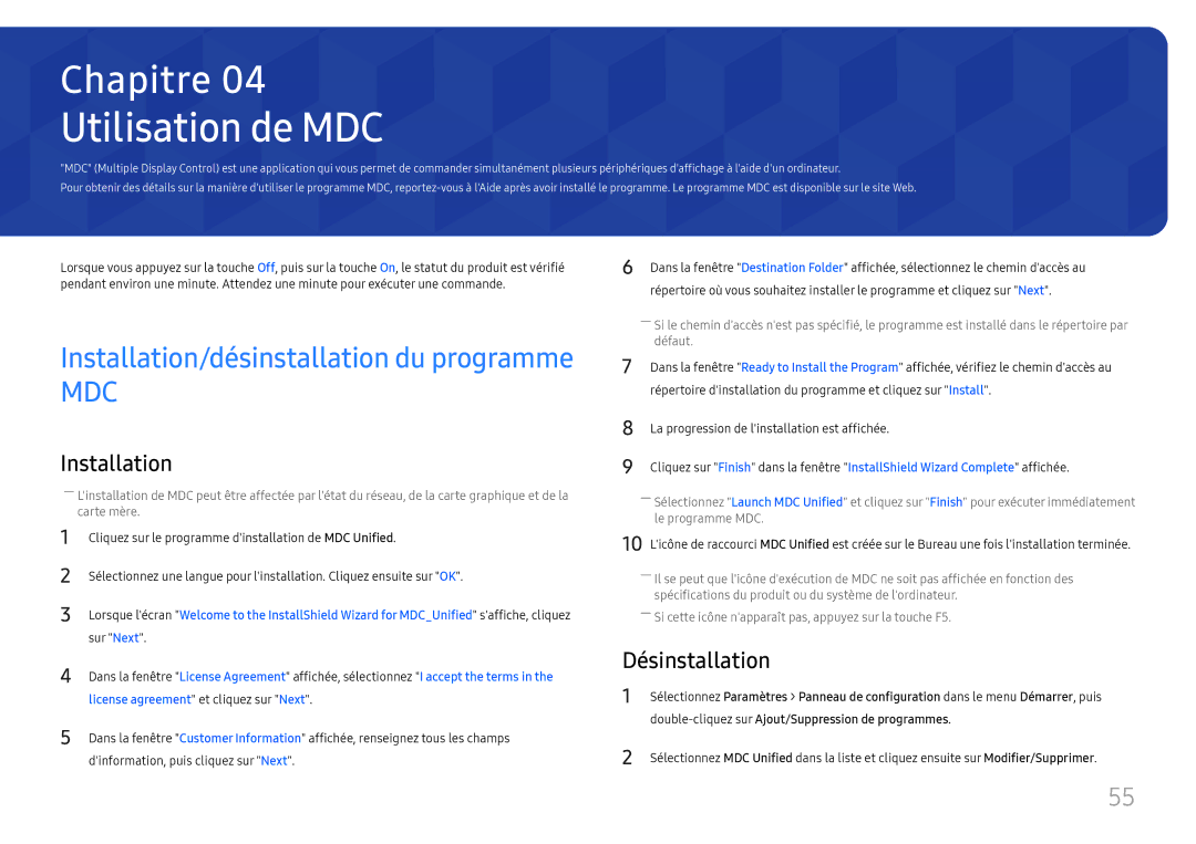 Samsung LH75QBHPLGC/EN manual Utilisation de MDC, Désinstallation, Double-cliquez sur Ajout/Suppression de programmes 