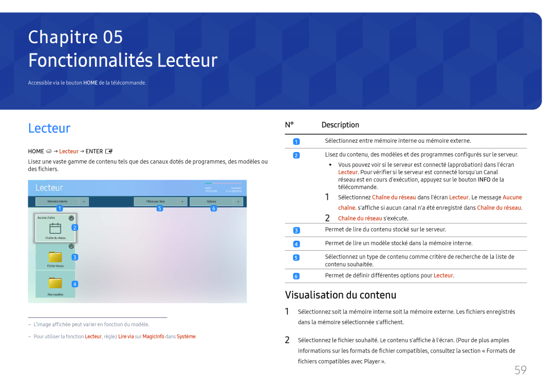 Samsung LH65QHHPLGC/EN, LH65QBHPLGC/EN manual Fonctionnalités Lecteur, Visualisation du contenu, Home → Lecteur → Enter E 