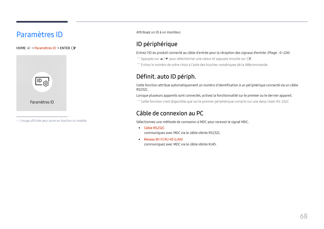 Samsung LH65QHHPLGC/EN, LH65QBHPLGC/EN Paramètres ID, ID périphérique, Définit. auto ID périph, Câble de connexion au PC 