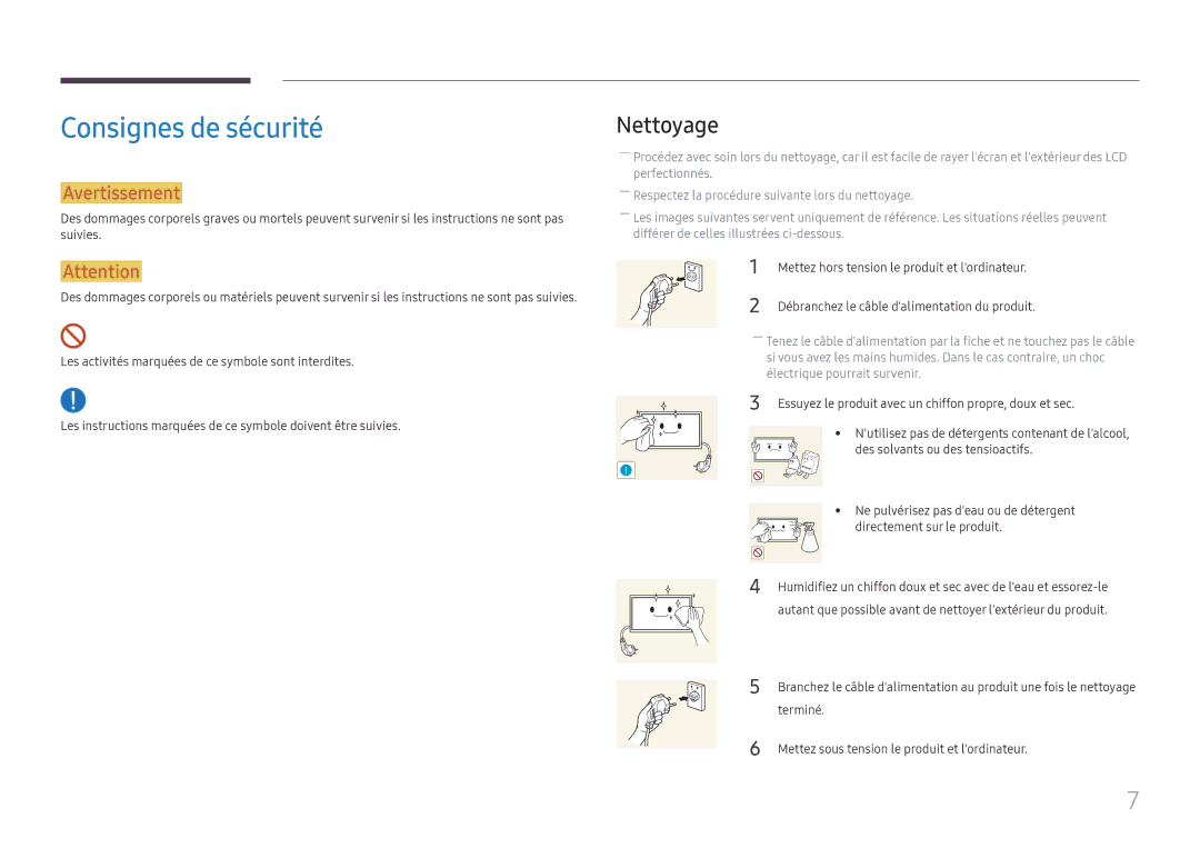 Samsung LH55QHHPLGC/EN manual Consignes de sécurité, Nettoyage, Mettez hors tension le produit et lordinateur, Terminé 