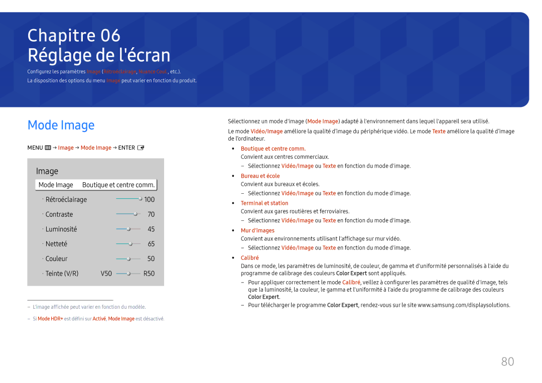 Samsung LH49QMHPLGC/EN, LH65QBHPLGC/EN, LH75QBHPLGC/EN manual Réglage de lécran, Menu m→ Image → Mode Image → Enter E 