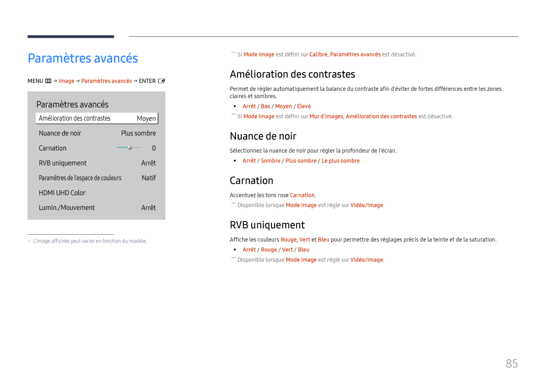 Samsung LH65QMHPLGC/EN manual Paramètres avancés, Amélioration des contrastes, Nuance de noir, Carnation, RVB uniquement 