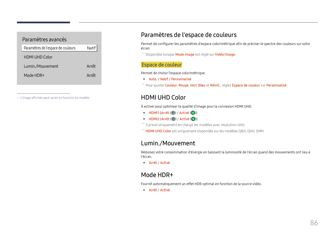 Samsung LH65QHHPLGC/EN Paramètres de lespace de couleurs, Hdmi UHD Color, Lumin./Mouvement, Mode HDR+, Espace de couleur 