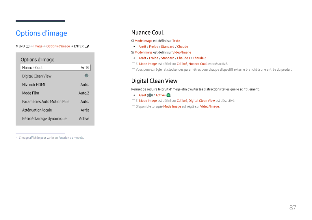 Samsung LH55QMHPLGC/EN, LH65QBHPLGC/EN, LH75QBHPLGC/EN, LH49DBJPLGC/EN manual Options dimage, Nuance Coul, Digital Clean View 