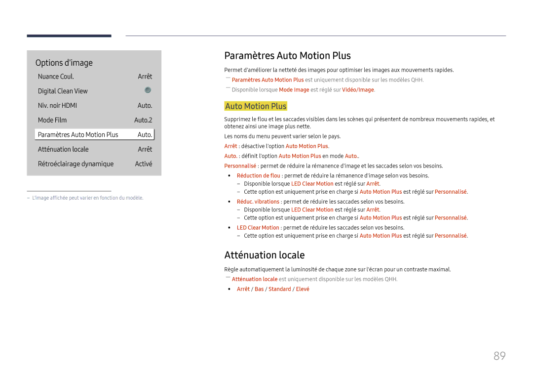 Samsung LH49QMHPLGC/EN, LH65QBHPLGC/EN Paramètres Auto Motion Plus, Atténuation locale, Arrêt / Bas / Standard / Elevé 
