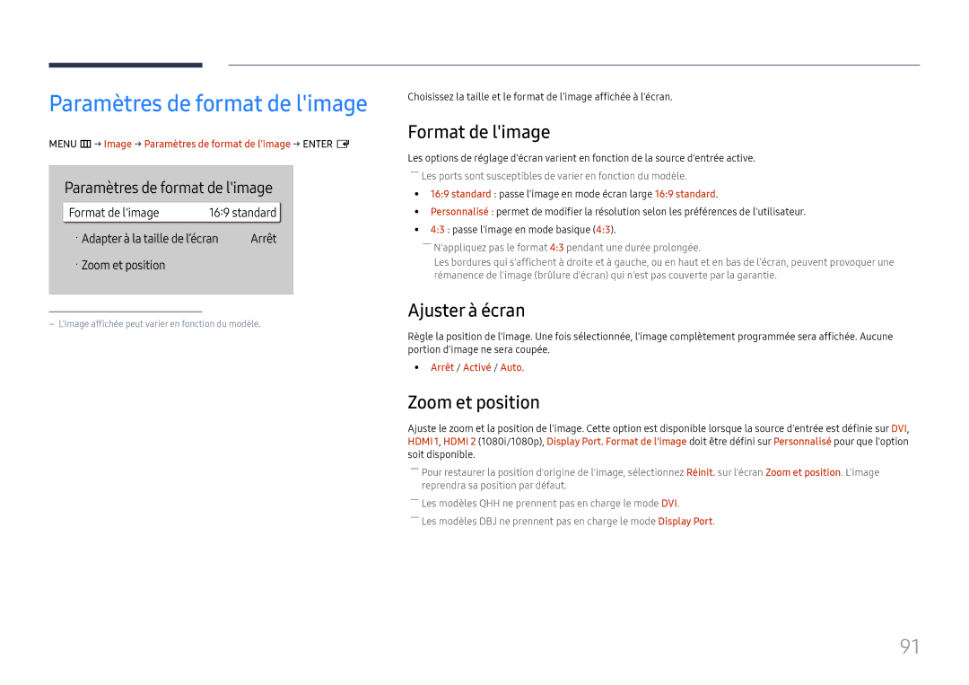 Samsung LH75QBHPLGC/EN, LH65QBHPLGC/EN Format de limage, Ajuster à écran, Zoom et position, Paramètres de format de limage 