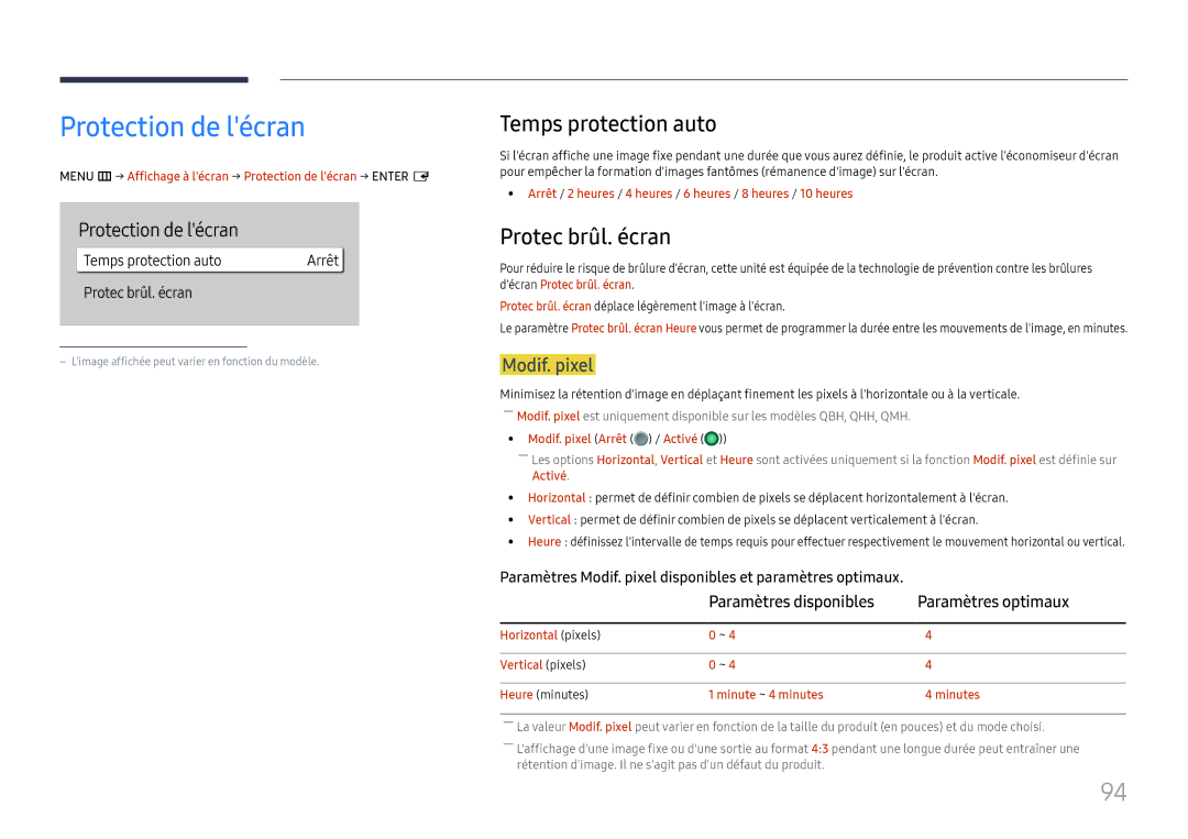 Samsung LH65QMHPLGC/EN, LH65QBHPLGC/EN manual Protection de lécran, Temps protection auto, Protec brûl. écran, Modif. pixel 